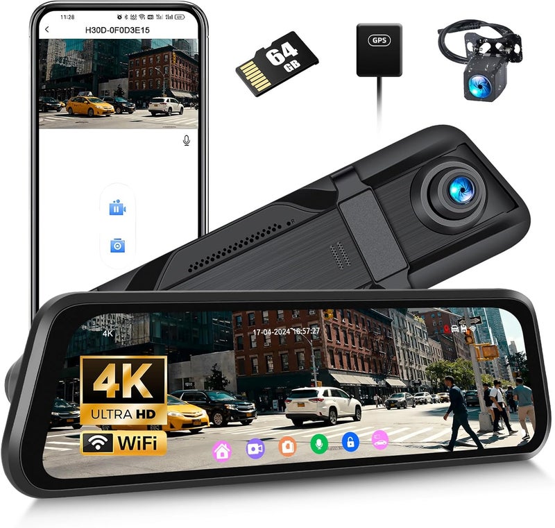 SIXTOP 4K Mirror Dash Cam, Front and Rear View Dual Cameras with 64G Card GPS BSD 9.66 inch HD Rear View Mirror Camera for Cars WiFi App Control Night Vision G Sensor Loop Recording Parking Monitoring - Image 1